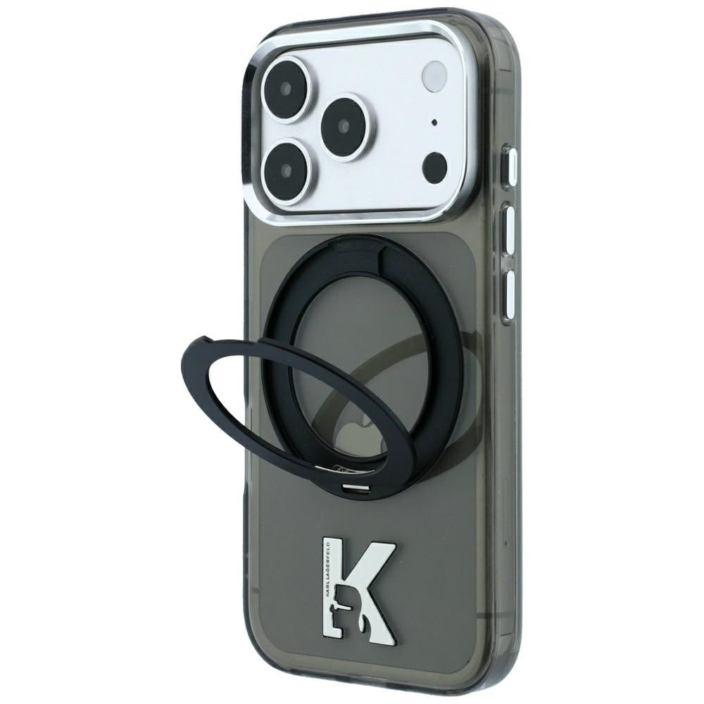 Husa MagSafe pentru Apple iPhone 18 Pro / 17 Pro, Karl Lagerfeld, IML Ring Stand Kameo Metal, Neagra