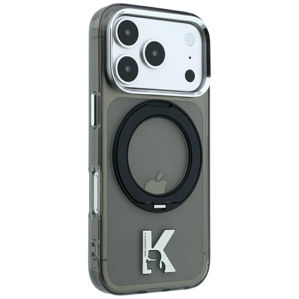 Husa MagSafe pentru Apple iPhone 18 Pro / 17 Pro, Karl Lagerfeld, IML Ring Stand Kameo Metal, Neagra