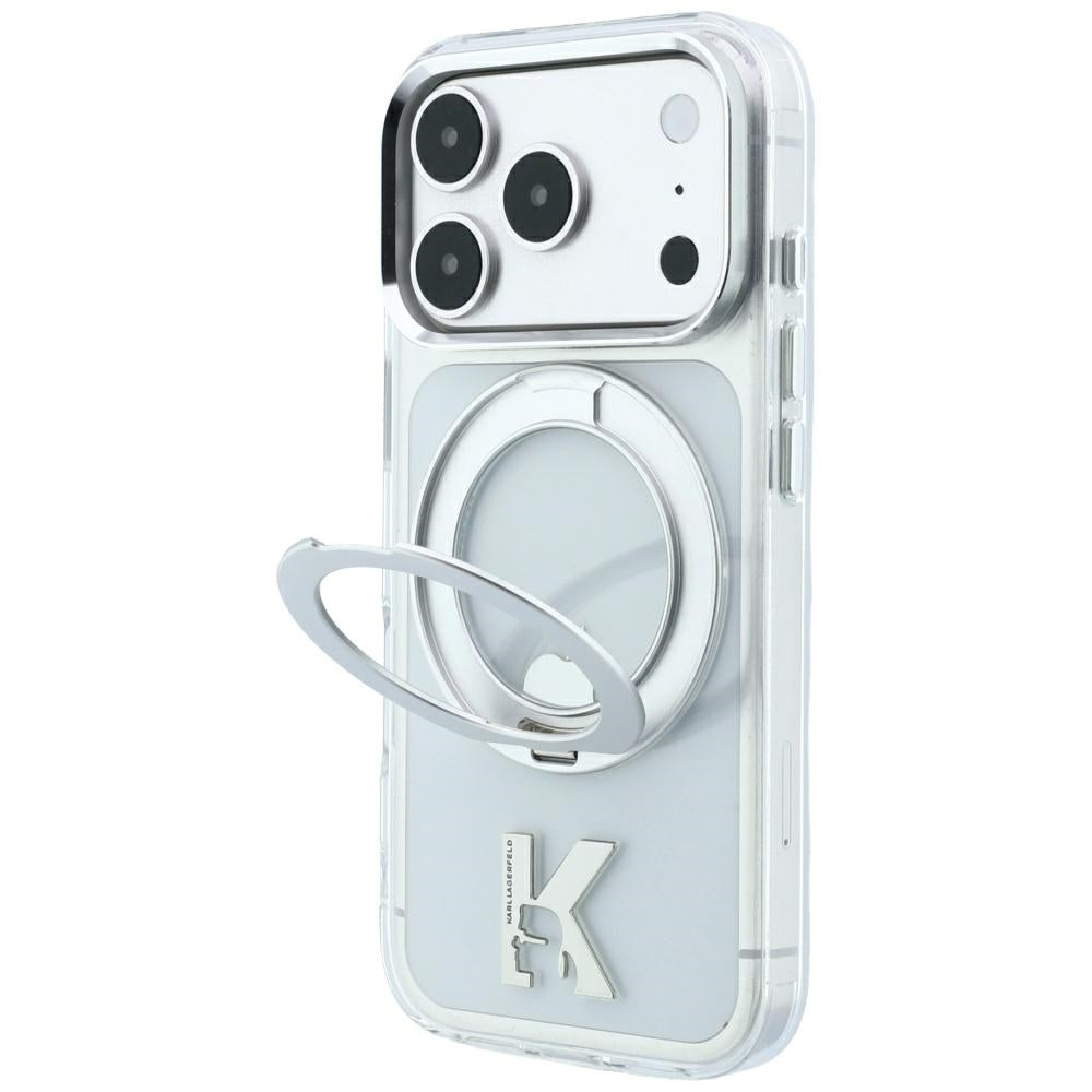 Husa MagSafe pentru Apple iPhone 18 Pro / 17 Pro, Karl Lagerfeld, IML Ring Stand Kameo Metal, Transparenta