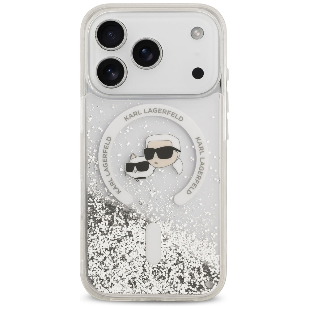 Husa MagSafe pentru Apple iPhone 18 Pro / 17 Pro, Karl Lagerfeld, Liquid Glitter Karl & Choupette Head's, Transparenta