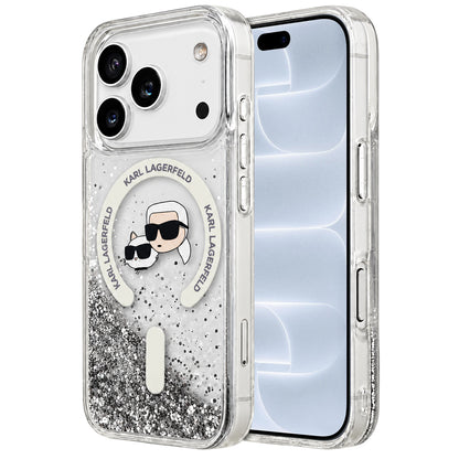 Husa MagSafe pentru Apple iPhone 18 Pro / 17 Pro, Karl Lagerfeld, Liquid Glitter Karl & Choupette Head's, Transparenta