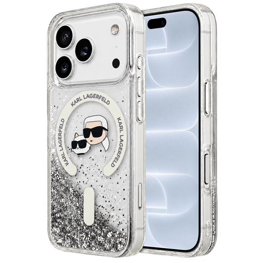 Husa MagSafe pentru Apple iPhone 18 Pro / 17 Pro, Karl Lagerfeld, Liquid Glitter Karl & Choupette Head's, Transparenta