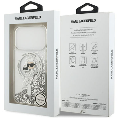 Husa MagSafe pentru Apple iPhone 18 Pro / 17 Pro, Karl Lagerfeld, Liquid Glitter Karl & Choupette Head's, Transparenta