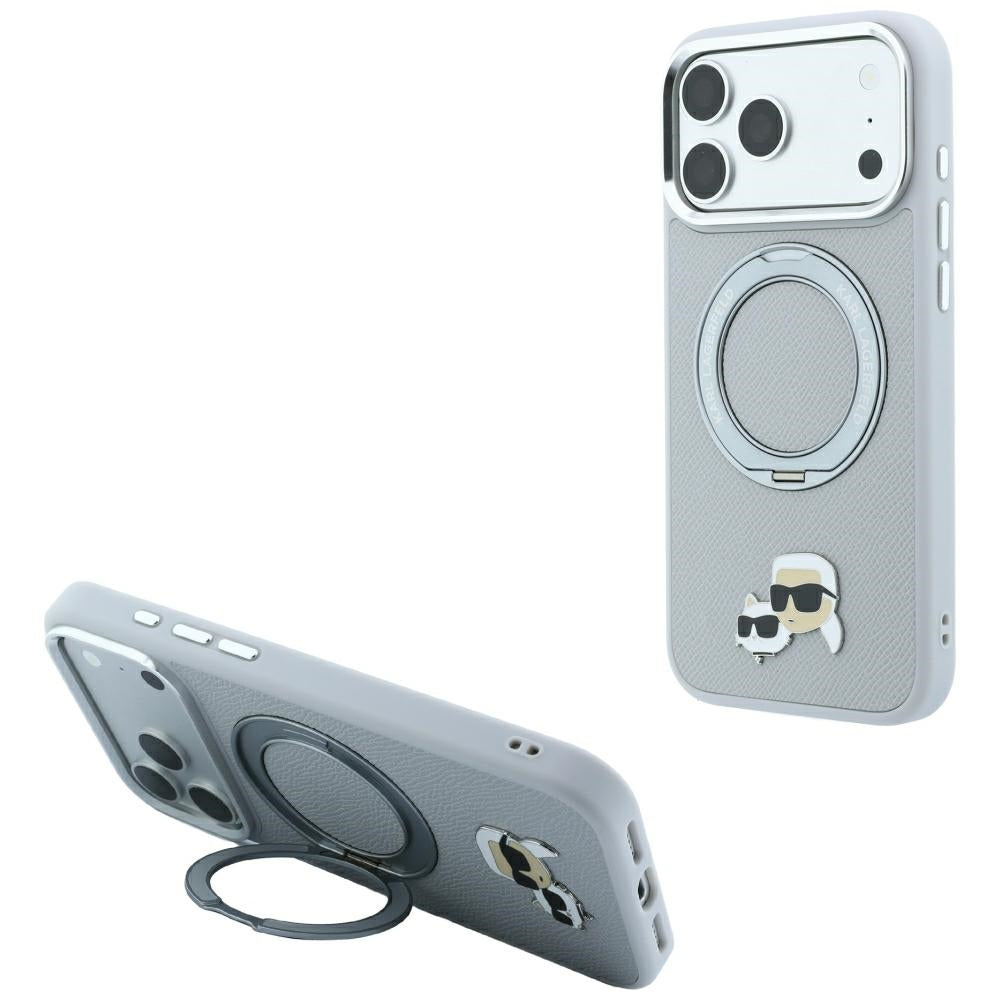 Husa MagSafe pentru Apple iPhone 18 Pro / 17 Pro, Karl Lagerfeld, Ring Stand 360 Karl & Choupette Pin, Gri