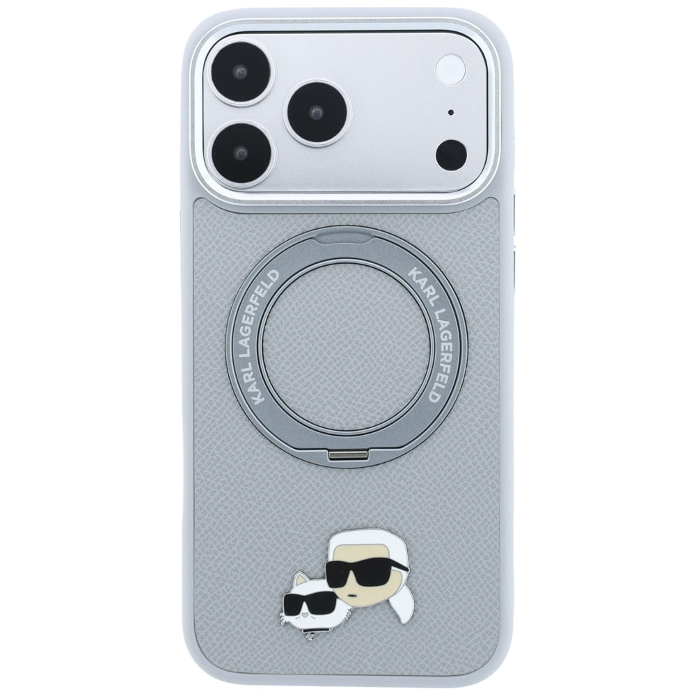 Husa MagSafe pentru Apple iPhone 18 Pro / 17 Pro, Karl Lagerfeld, Ring Stand 360 Karl & Choupette Pin, Gri