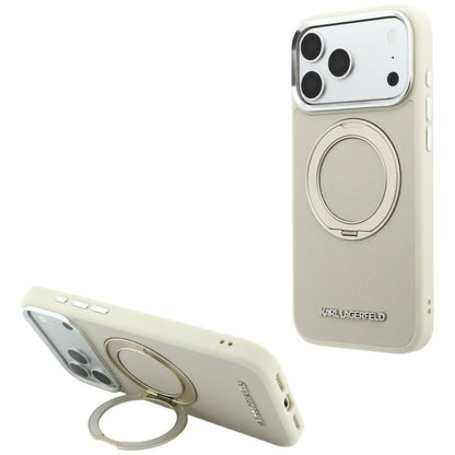 Husa MagSafe pentru Apple iPhone 18 Pro / 17 Pro, Karl Lagerfeld, Ring Stand 360 Saffiano, Bej