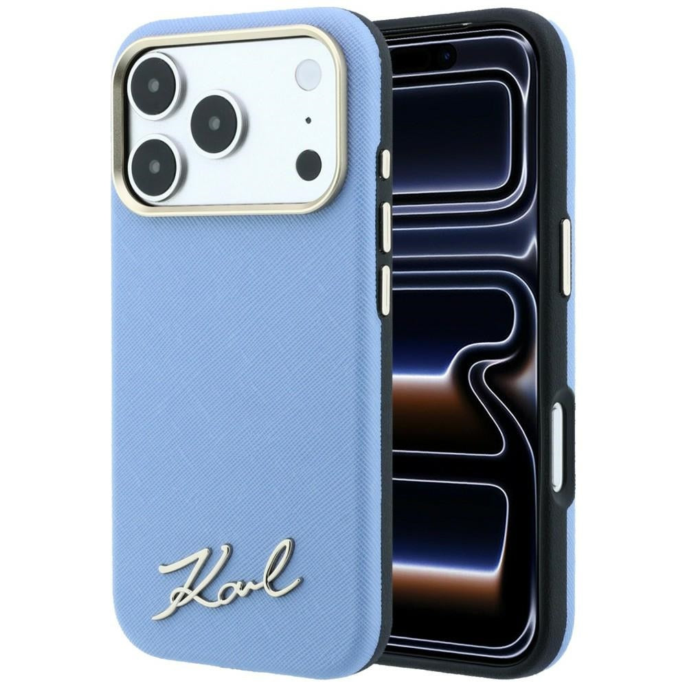 Husa MagSafe pentru Apple iPhone 18 Pro / 17 Pro, Karl Lagerfeld, Saffiano Small Script Metal Logo, Bleu