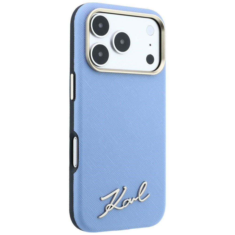 Husa MagSafe pentru Apple iPhone 18 Pro / 17 Pro, Karl Lagerfeld, Saffiano Small Script Metal Logo, Bleu