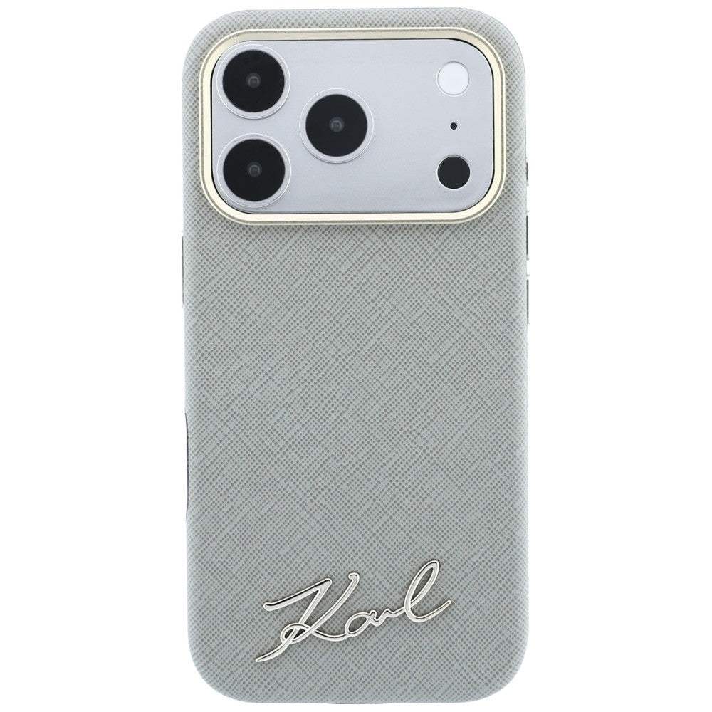 Husa MagSafe pentru Apple iPhone 18 Pro / 17 Pro, Karl Lagerfeld, Saffiano Small Script Metal Logo, Gri Bej