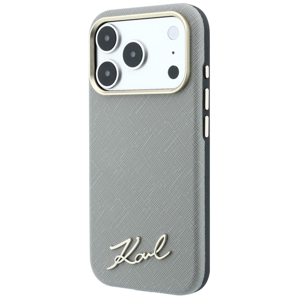 Husa MagSafe pentru Apple iPhone 18 Pro / 17 Pro, Karl Lagerfeld, Saffiano Small Script Metal Logo, Gri Bej