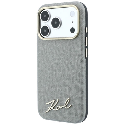Husa MagSafe pentru Apple iPhone 18 Pro / 17 Pro, Karl Lagerfeld, Saffiano Small Script Metal Logo, Gri Bej