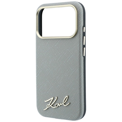 Husa MagSafe pentru Apple iPhone 18 Pro / 17 Pro, Karl Lagerfeld, Saffiano Small Script Metal Logo, Gri Bej