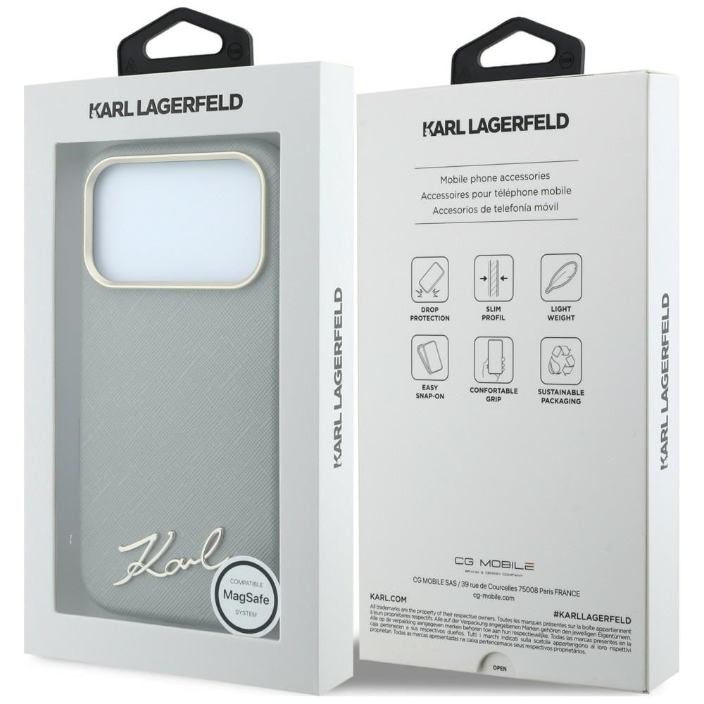 Husa MagSafe pentru Apple iPhone 18 Pro / 17 Pro, Karl Lagerfeld, Saffiano Small Script Metal Logo, Gri Bej
