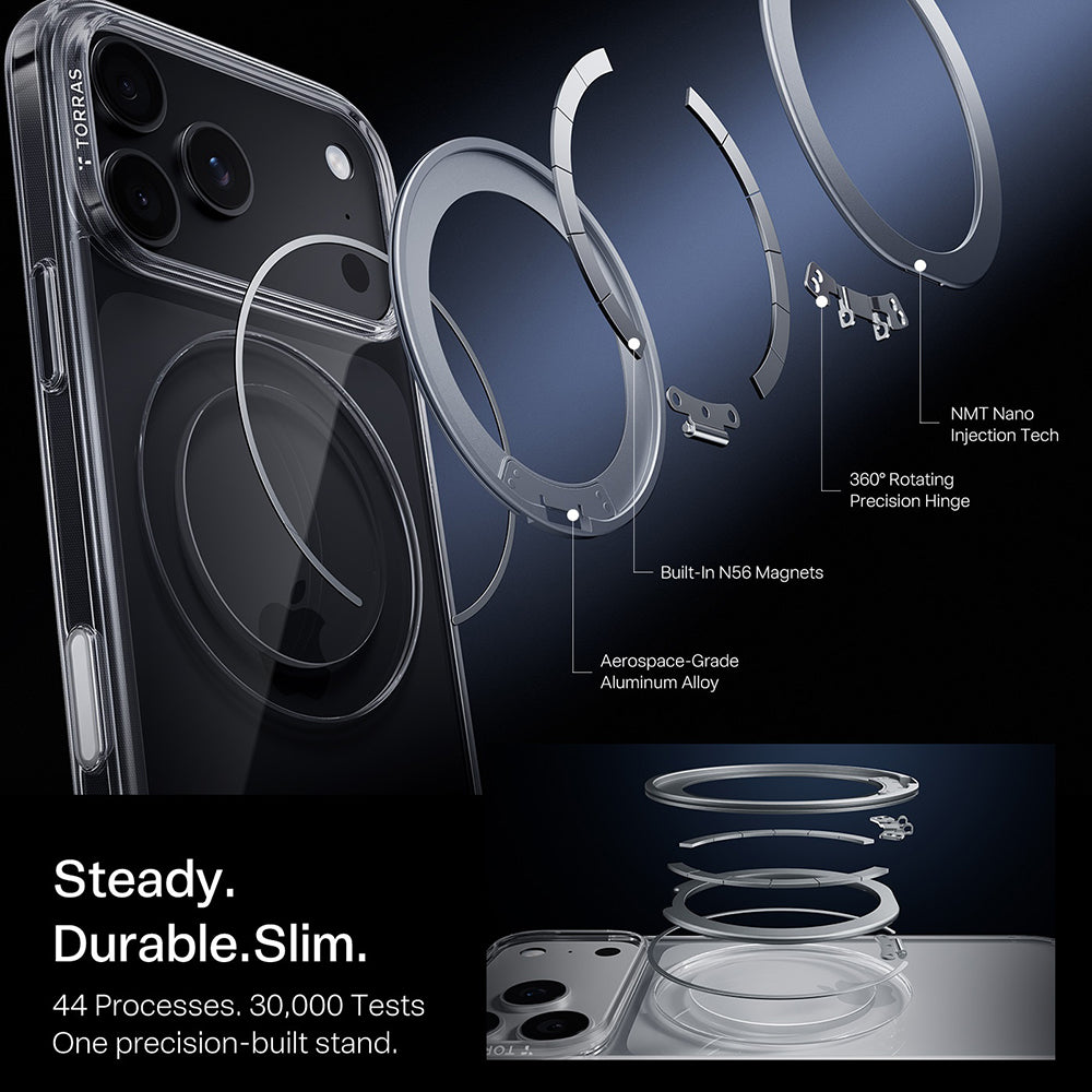 Husa MagSafe pentru Apple iPhone 18 Pro / 17 Pro, Torras, Ostand O1 Guardian, Transparenta