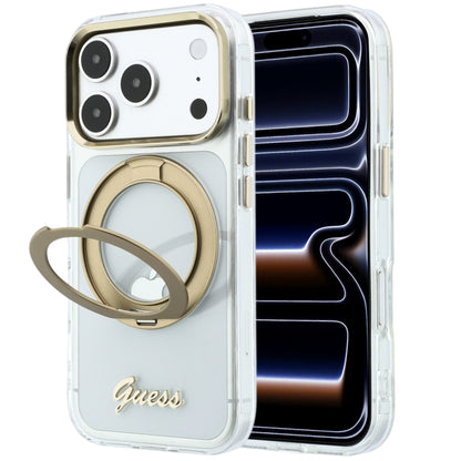 Husa MagSafe pentru Apple iPhone 18 Pro, Guess, Ring Stand Script Metal Logo, Transparenta