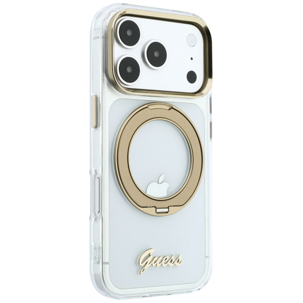 Husa MagSafe pentru Apple iPhone 18 Pro, Guess, Ring Stand Script Metal Logo, Transparenta