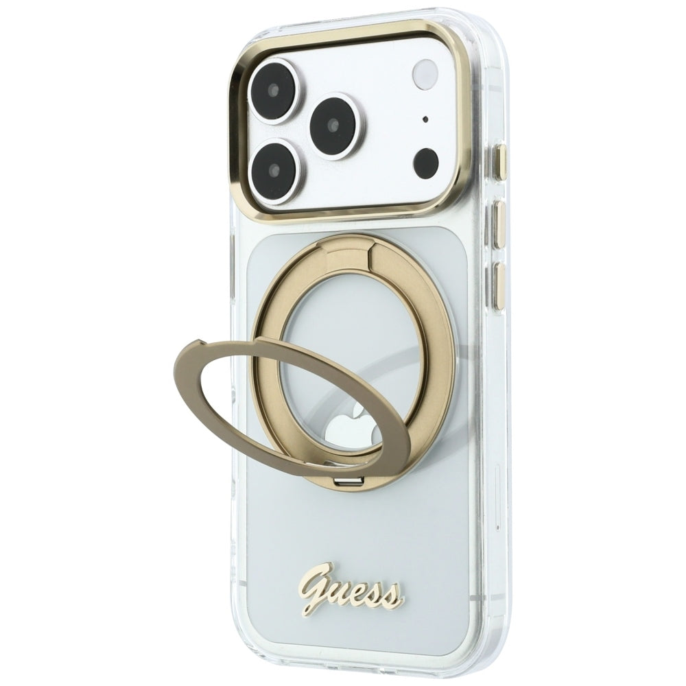 Husa MagSafe pentru Apple iPhone 18 Pro, Guess, Ring Stand Script Metal Logo, Transparenta