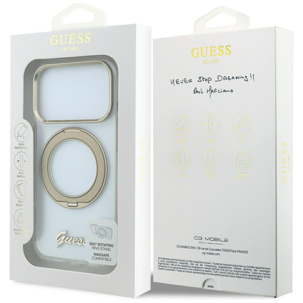 Husa MagSafe pentru Apple iPhone 18 Pro, Guess, Ring Stand Script Metal Logo, Transparenta