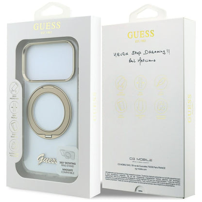 Husa MagSafe pentru Apple iPhone 18 Pro, Guess, Ring Stand Script Metal Logo, Transparenta