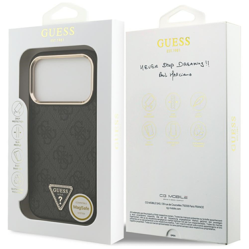 Husa MagSafe pentru Apple iPhone 18 Pro Max / 17 Pro Max, Guess, 4G Triangle Logo, Neagra Aurie