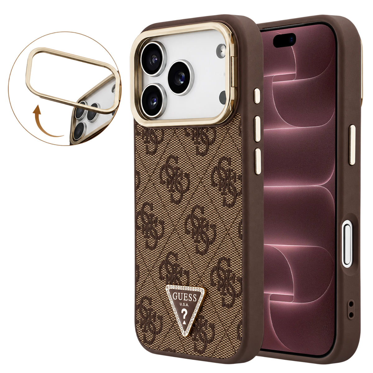 Husa MagSafe pentru Apple iPhone 18 Pro Max / 17 Pro Max, Guess, 4G Triangle Logo & Stand Camera, Maro