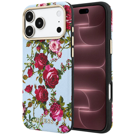 Husa MagSafe pentru Apple iPhone 18 Pro Max / 17 Pro Max, Guess, Blossom Roses Print, Bleu