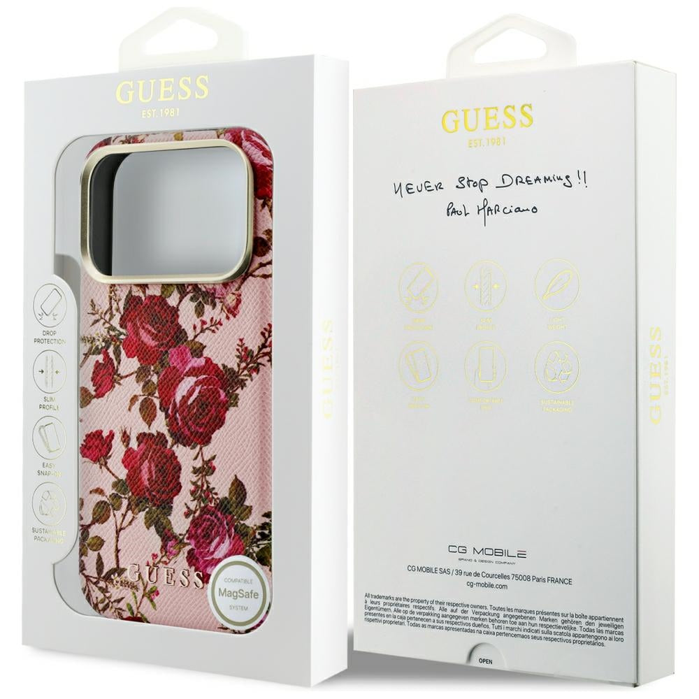 Husa MagSafe pentru Apple iPhone 18 Pro Max / 17 Pro Max, Guess, Blossom Roses Print, Roz