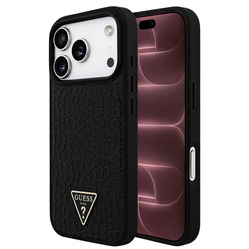 Husa MagSafe pentru Apple iPhone 18 Pro Max / 17 Pro Max, Guess, Croco Triangle Logo, Neagra