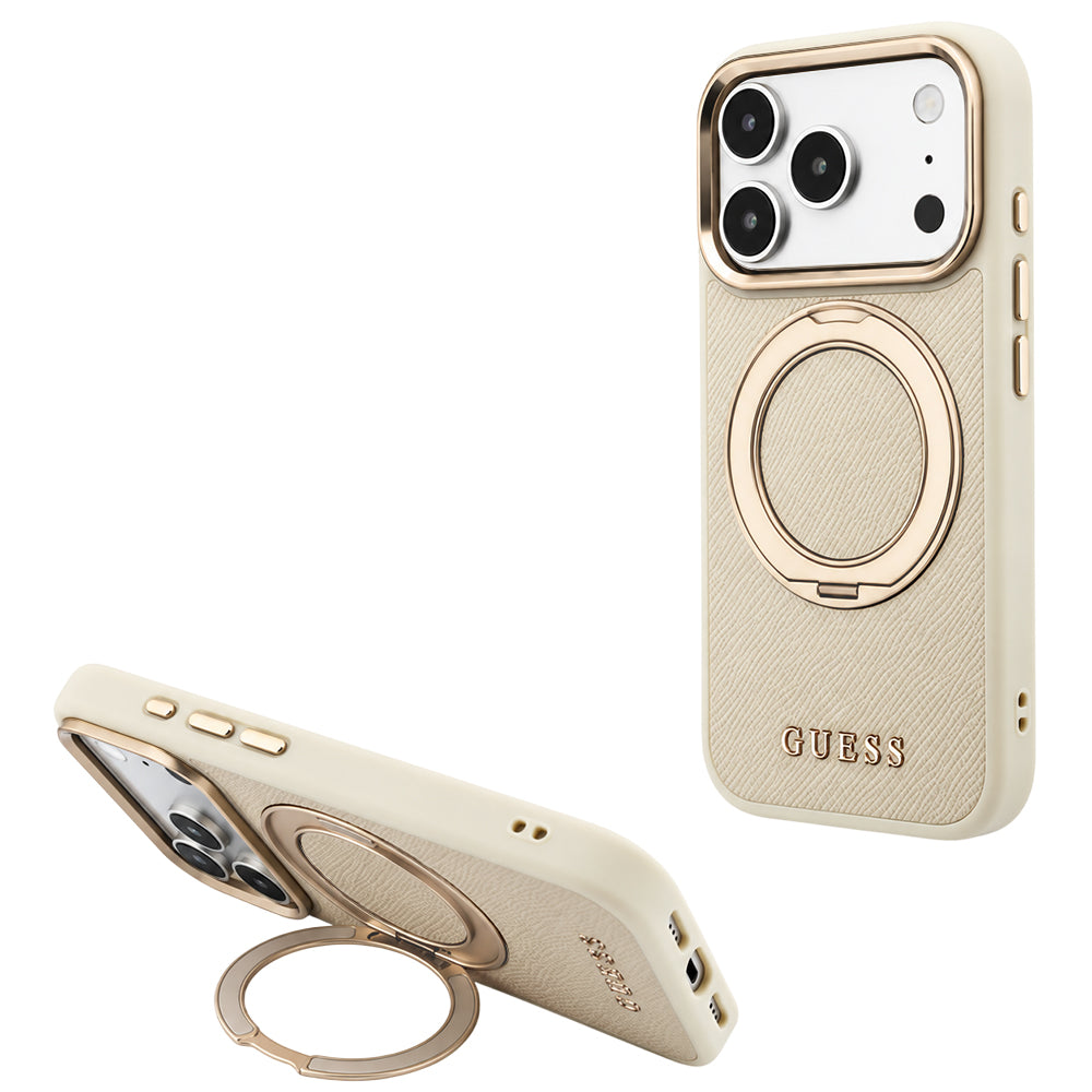 Husa MagSafe pentru Apple iPhone 18 Pro Max / 17 Pro Max, Guess, Grained Ring Stand 360 Classic, Bej
