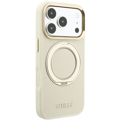 Husa MagSafe pentru Apple iPhone 18 Pro Max / 17 Pro Max, Guess, Grained Ring Stand 360 Classic, Bej