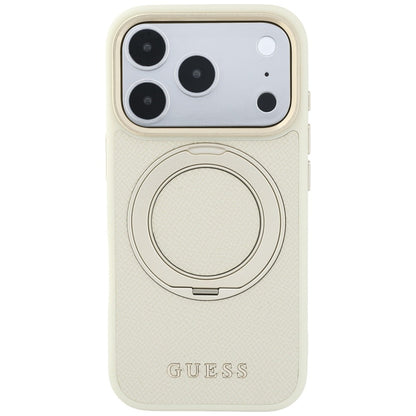 Husa MagSafe pentru Apple iPhone 18 Pro Max / 17 Pro Max, Guess, Grained Ring Stand 360 Classic, Bej