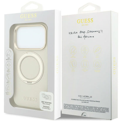 Husa MagSafe pentru Apple iPhone 18 Pro Max / 17 Pro Max, Guess, Grained Ring Stand 360 Classic, Bej
