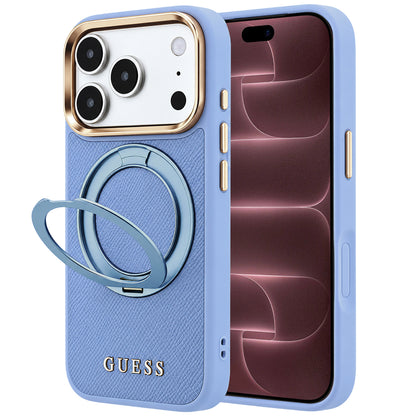 Husa MagSafe pentru Apple iPhone 18 Pro Max / 17 Pro Max, Guess, Grained Ring Stand 360 Classic, Bleu