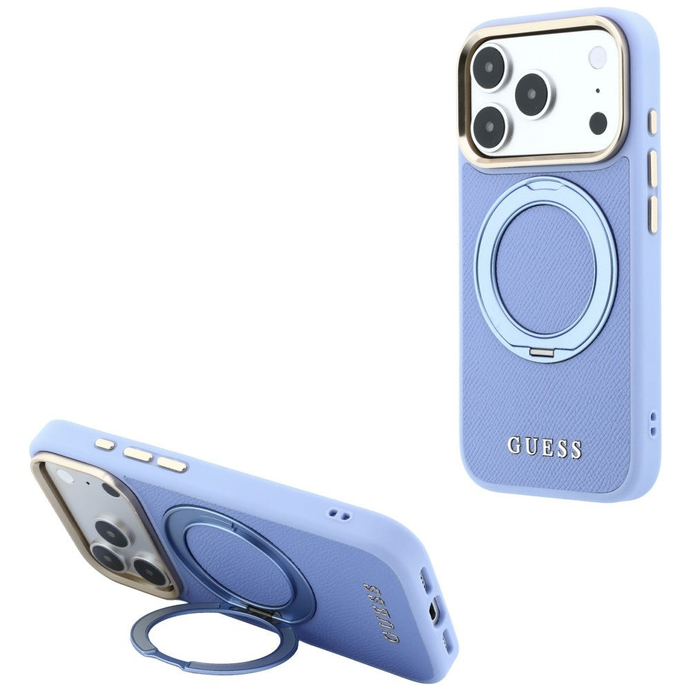 Husa MagSafe pentru Apple iPhone 18 Pro Max / 17 Pro Max, Guess, Grained Ring Stand 360 Classic, Bleu