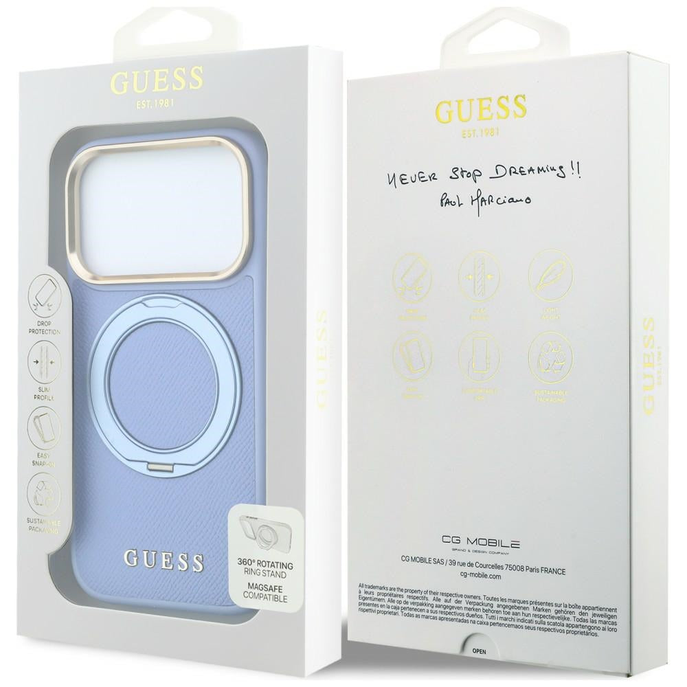 Husa MagSafe pentru Apple iPhone 18 Pro Max / 17 Pro Max, Guess, Grained Ring Stand 360 Classic, Bleu
