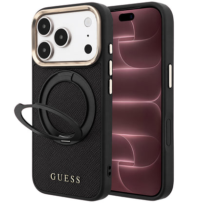 Husa MagSafe pentru Apple iPhone 18 Pro Max / 17 Pro Max, Guess, Grained Ring Stand 360 Classic, Neagra