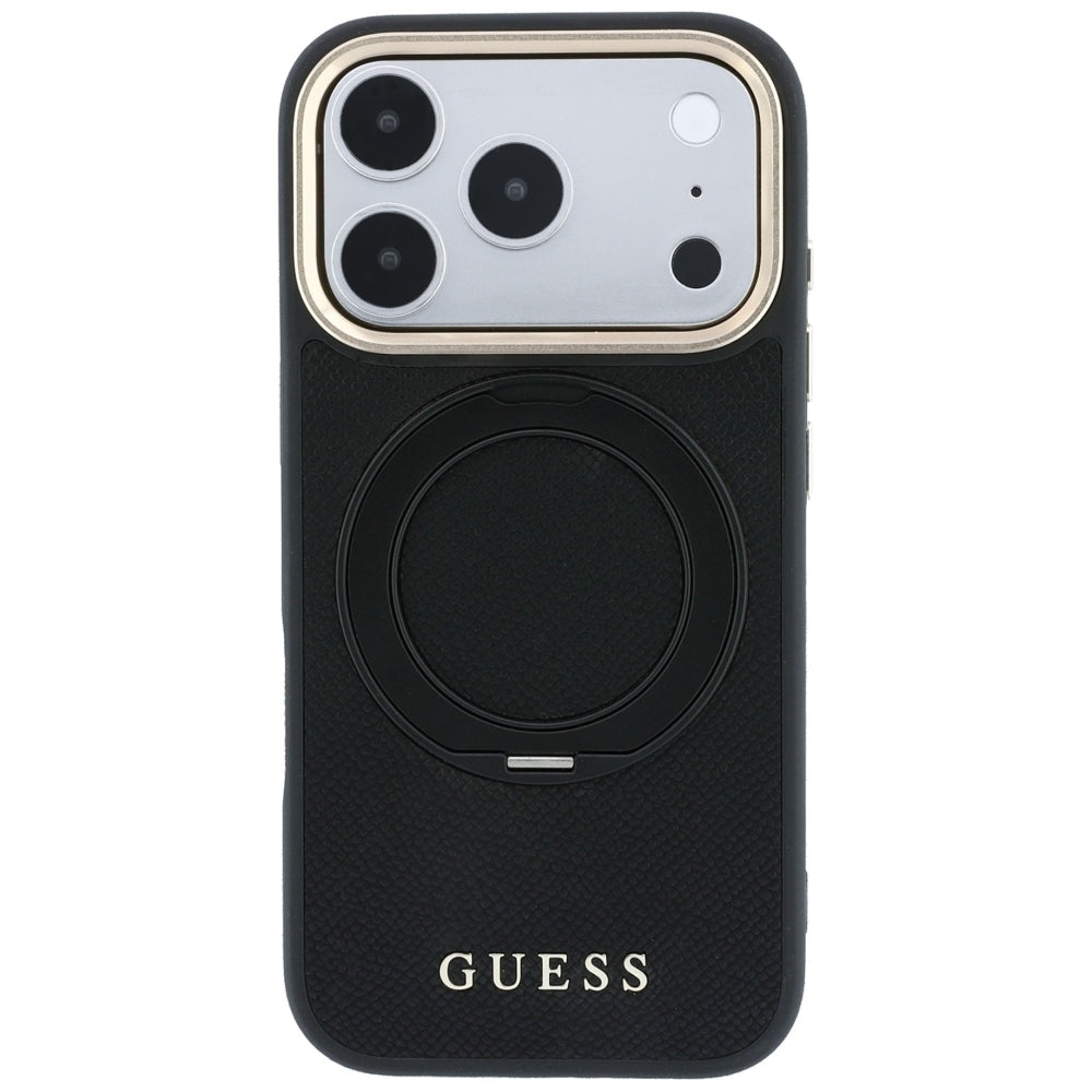 Husa MagSafe pentru Apple iPhone 18 Pro Max / 17 Pro Max, Guess, Grained Ring Stand 360 Classic, Neagra