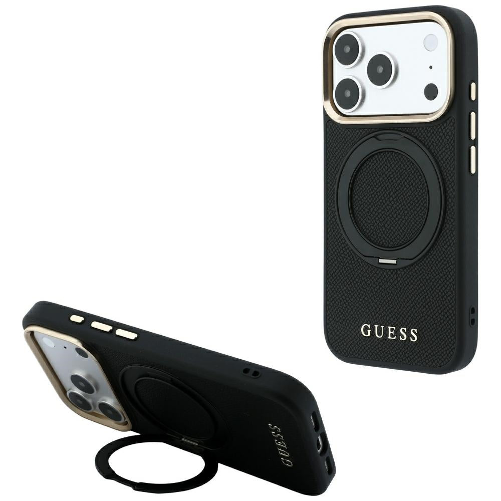 Husa MagSafe pentru Apple iPhone 18 Pro Max / 17 Pro Max, Guess, Grained Ring Stand 360 Classic, Neagra