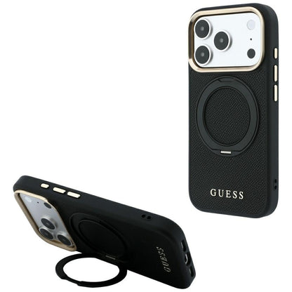 Husa MagSafe pentru Apple iPhone 18 Pro Max / 17 Pro Max, Guess, Grained Ring Stand 360 Classic, Neagra
