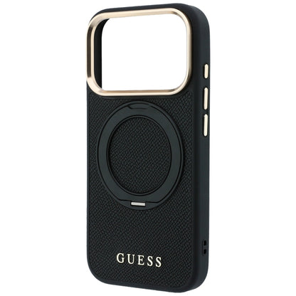Husa MagSafe pentru Apple iPhone 18 Pro Max / 17 Pro Max, Guess, Grained Ring Stand 360 Classic, Neagra