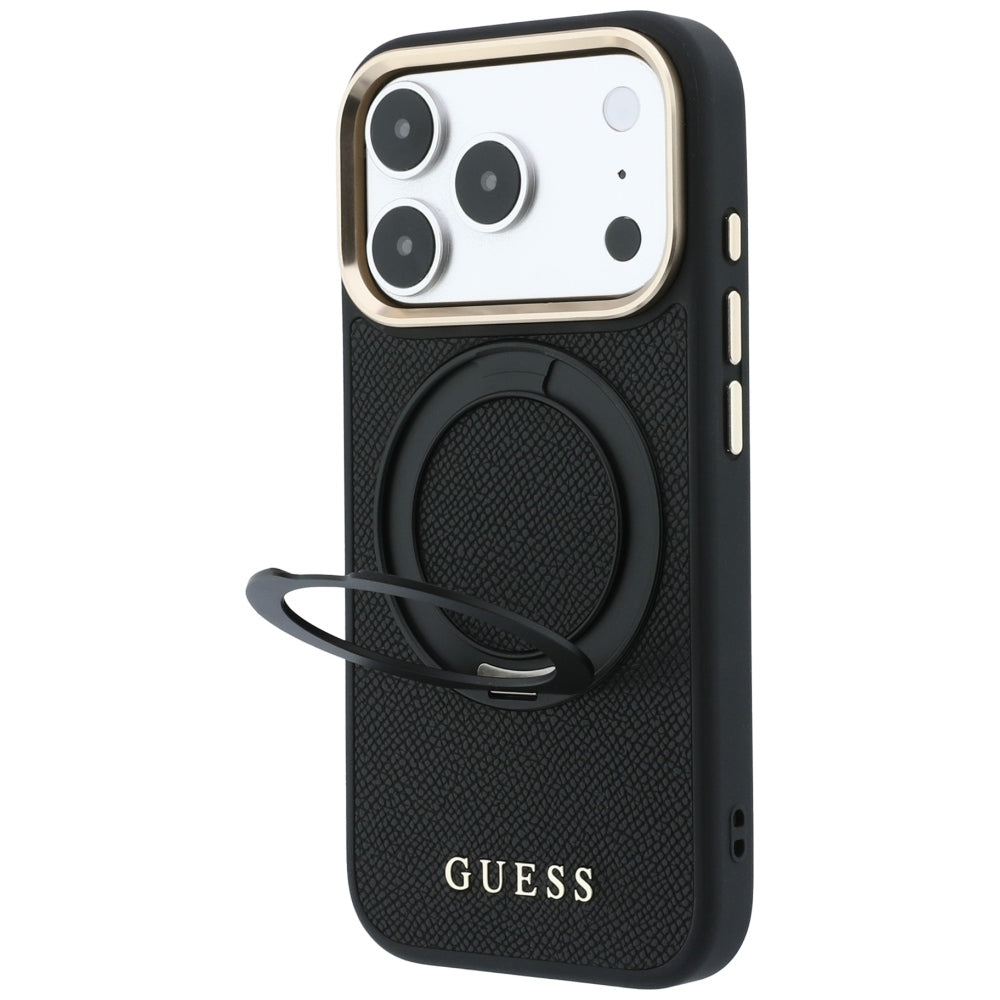 Husa MagSafe pentru Apple iPhone 18 Pro Max / 17 Pro Max, Guess, Grained Ring Stand 360 Classic, Neagra