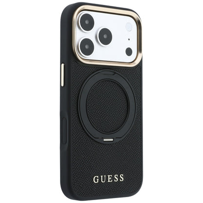 Husa MagSafe pentru Apple iPhone 18 Pro Max / 17 Pro Max, Guess, Grained Ring Stand 360 Classic, Neagra
