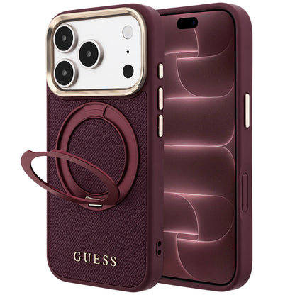 Husa MagSafe pentru Apple iPhone 18 Pro Max / 17 Pro Max, Guess, Grained Ring Stand 360 Classic, Visinie