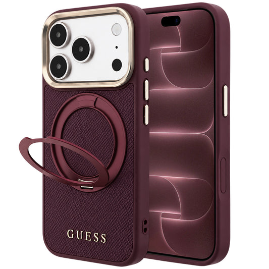 Husa MagSafe pentru Apple iPhone 18 Pro Max / 17 Pro Max, Guess, Grained Ring Stand 360 Classic, Visinie