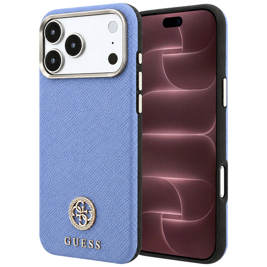 Husa MagSafe pentru Apple iPhone 18 Pro Max / 17 Pro Max, Guess, Grained Round Strass Logo, Bleu