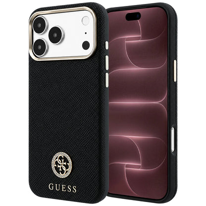 Husa MagSafe pentru Apple iPhone 18 Pro Max / 17 Pro Max, Guess, Grained Round Strass Logo, Neagra