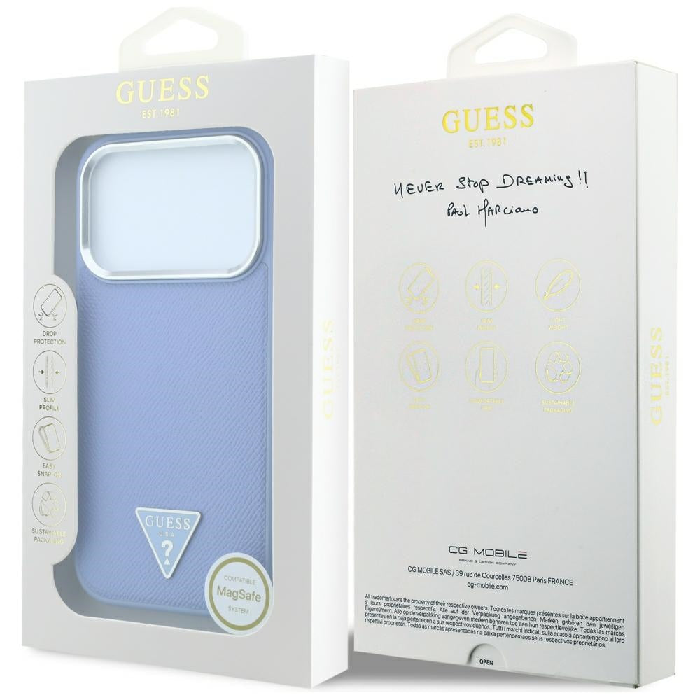 Husa MagSafe pentru Apple iPhone 18 Pro Max / 17 Pro Max, Guess, Grained Triangle Logo, Bleu