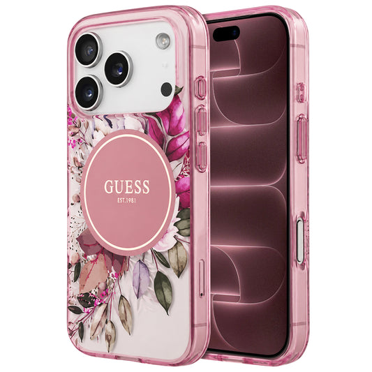 Husa MagSafe pentru Apple iPhone 18 Pro Max / 17 Pro Max, Guess, IML Flower & Tonal Circle, Roz