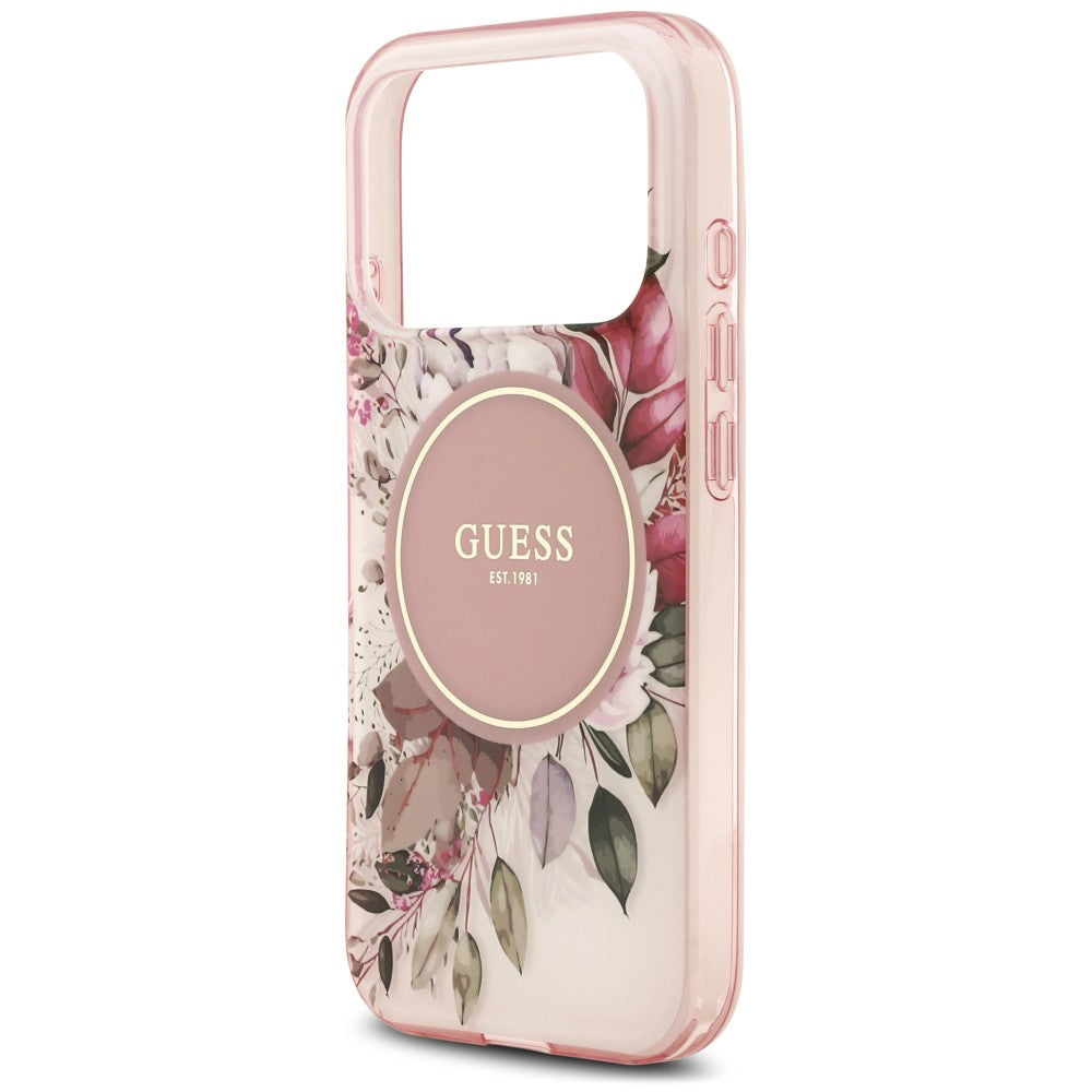 Husa MagSafe pentru Apple iPhone 18 Pro Max / 17 Pro Max, Guess, IML Flower & Tonal Circle, Roz