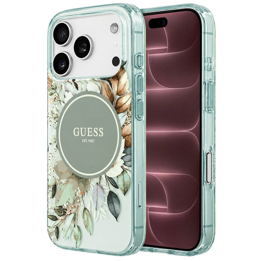 Husa MagSafe pentru Apple iPhone 18 Pro Max / 17 Pro Max, Guess, IML Flower & Tonal Circle, Verde